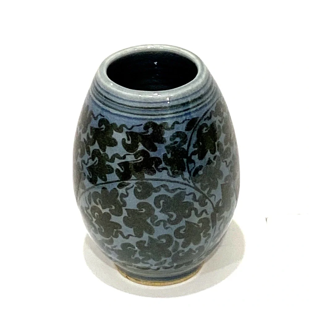 Vintage Art Pottery Mini or Bud Vase Handpainted Blue Brown Floral Glossy Signed